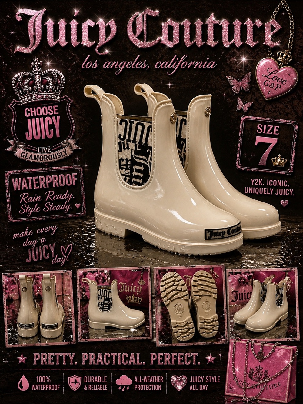Juicy Couture Cream and Black Logo Detail Rain Chelsea Boots